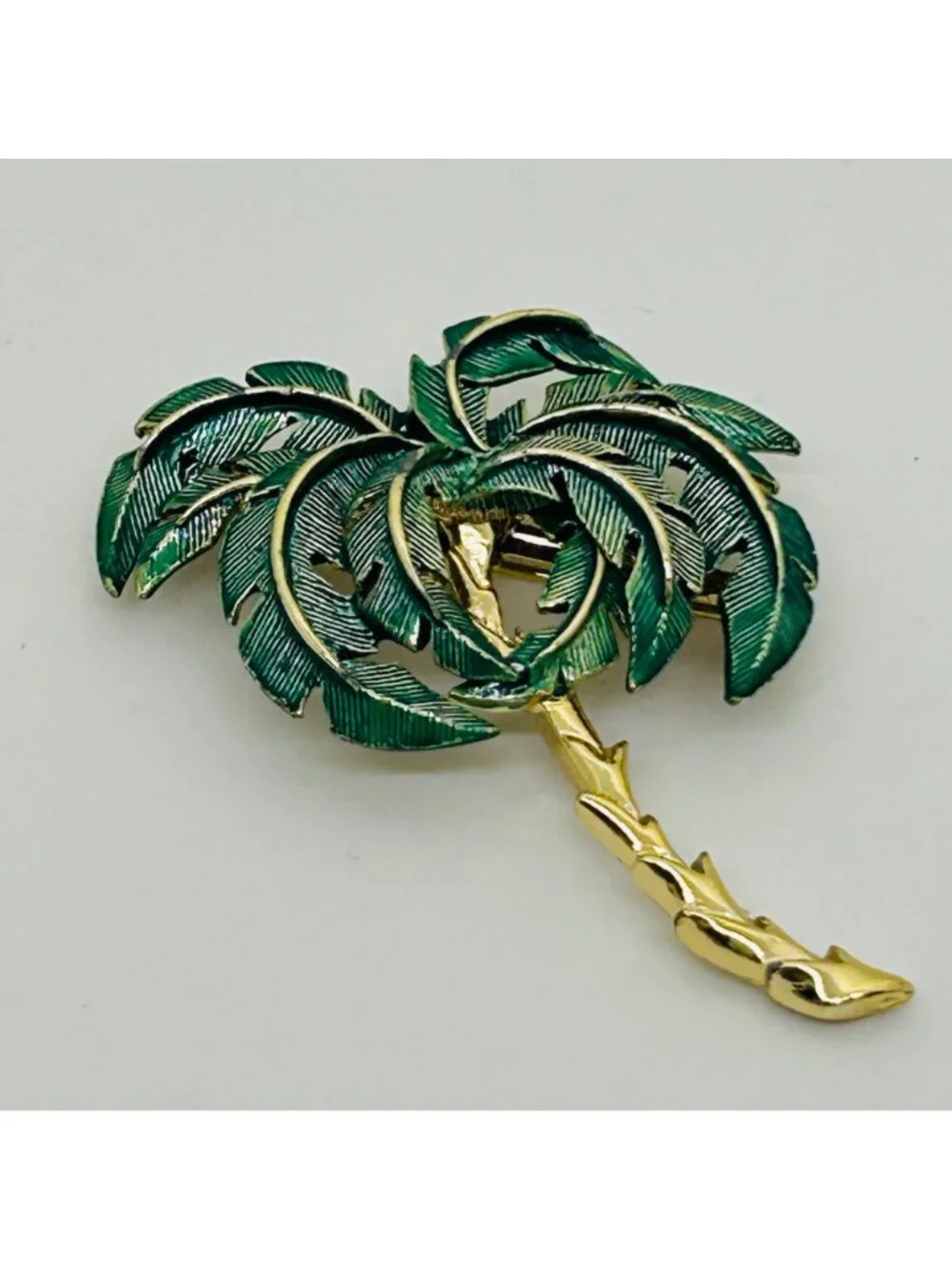 Vintage Palm Tree Brooch Green Enamel Gold Pin Beach Cruise Tropical Vacation